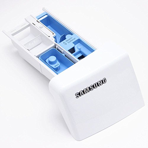 Samsung washer dispenser drawer assembly, showing the white front panel with a blue drawer containing various small parts. Samsung washer dispenser drawer assembly, showing the white front panel with a blue drawer containing various small parts.